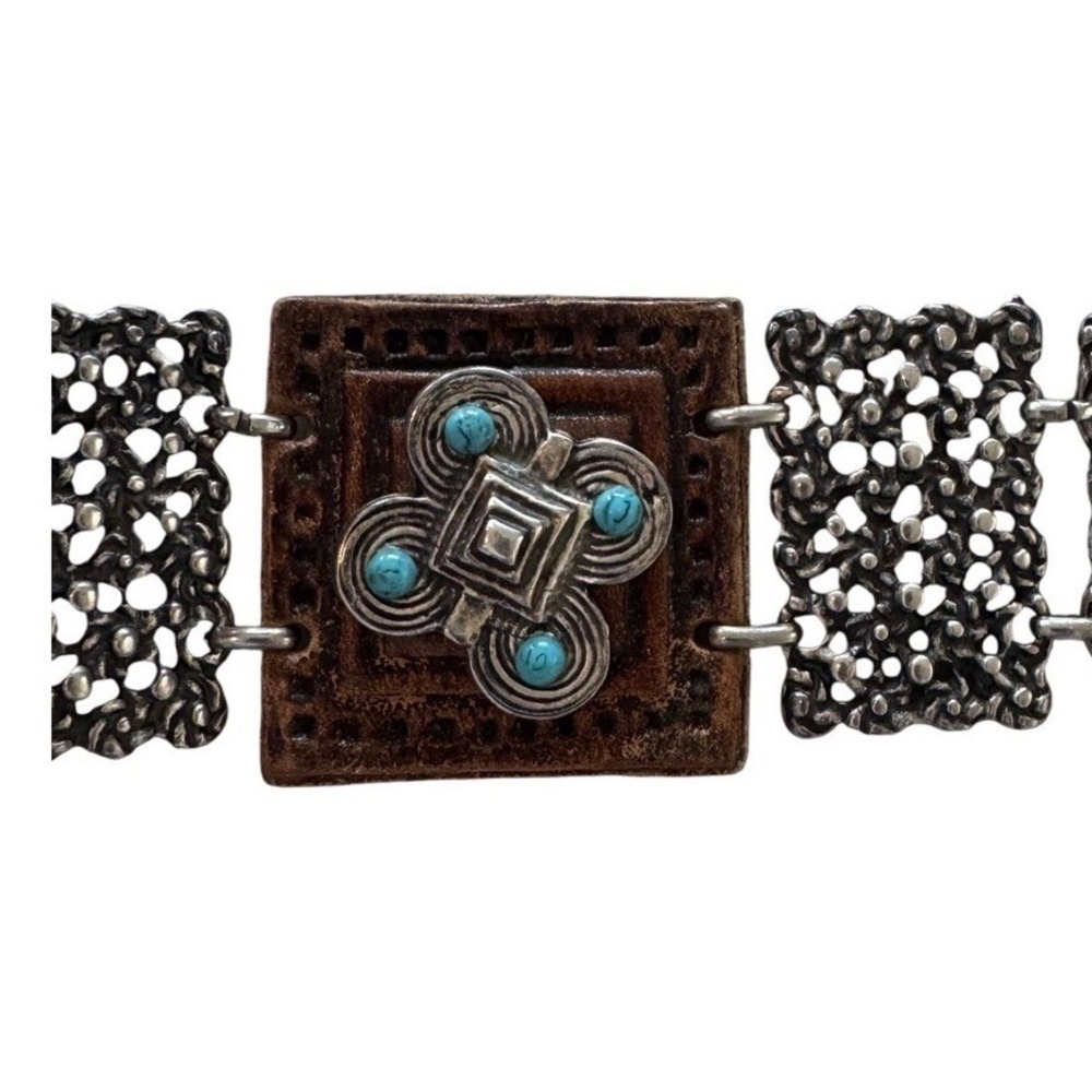 Vintage Belt Silver Tone Chain Leather Turquoise Concho Adjustable Waist Belt